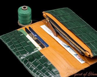 Handmade Dark Green Alligator Leather Long Wallet: Chevre Interior