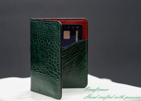 Handmade Green Ostrich Leather Cardholder: Slim Minimalist Wallet
