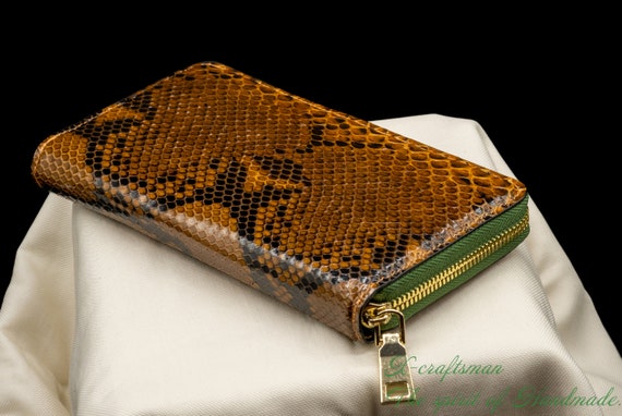 Python leather clutch for women, luxury wallet with zipper, Handmade Exotic and Elegant gift for her.