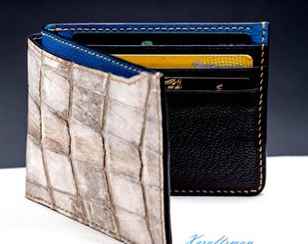 Alligator Leather Wallet, Luxury exotic wallet with chevre lining, handmade gift for men.