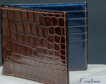 Alligator Leather Wallet - Bifold with 10 Card Slots, handmade gift for him.