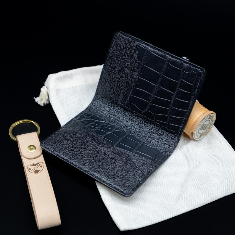 Slim Black Alligator Card Wallet, Handcrafted Leather Cardholder with 6 slots. image 8
