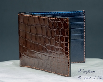 Mens bespoke wallet, handmade alligator leather wallet, chocolate alligator bifold wallet for men with 10 card slots.