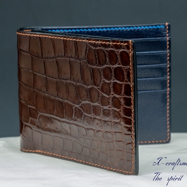 Mens bespoke wallet, handmade alligator leather wallet, chocolate alligator bifold wallet for men with 10 card slots.