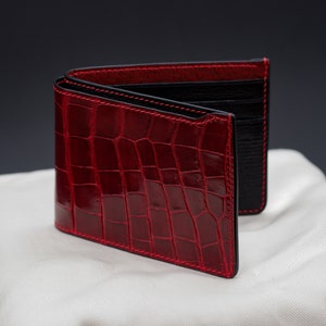 Regalo de aniversario para él, billetera de cuero de cocodrilo rojo para hombres, billetera de cuero real minimalista, billetera a medida para hombres, regalo de cumpleaños para él