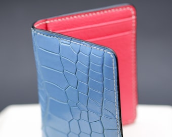 Bespoke credit cardholder, handmade from pale blue alligator leather, bifold card wallet.