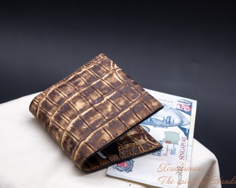 Alligator Leather Cardholder Wallet crafted by hand - Brown Nubuck Finish - Luxury Minimalist Design - Gift for Him