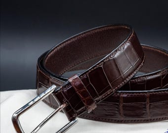 Mens Alligator Leather Belt, Handmade Brown Belt, Personalized Gift