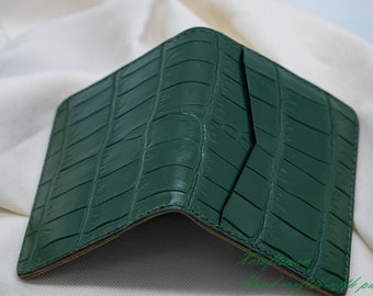 Green Alligator Leather Card Holder - Handmade Minimalist Wallet with Multiple Card Slots and Hidden Pockets