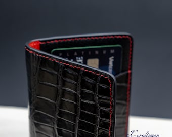 Handgefertigtes Schwarzes Alligator Leder Portemonnaie: Rotes Chevre Futter