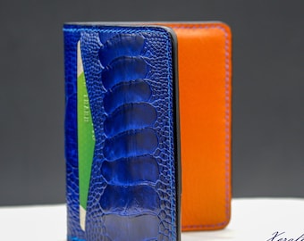 Blue Ostrich Leather Cardholder: Handmade Slim Wallet