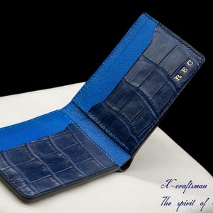 black alligator wallet with blue interior, handmade to order, unique wallet for men.