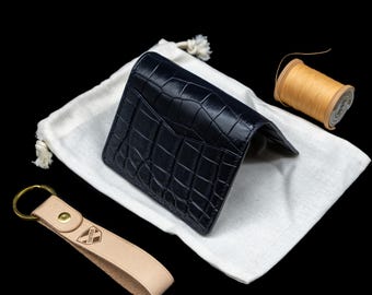 Slim Black Alligator Card Wallet, Handcrafted Leather Cardholder with 6 slots.