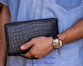 Alligator zip wallet, Bespoke long wallet , unisex clutch wallet, luxury long wallet, Male leather purse, Travel wallet.