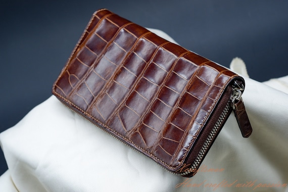 Handcrafted Mens Alligator Leather Zipper Long Wallet Business Hand Clutch  Phone Holder