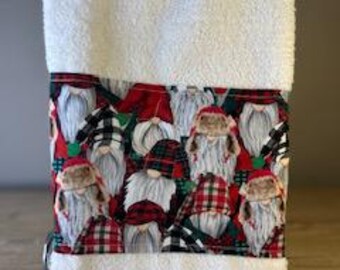 Hand Towel White. Christmas, Gnomes. Lumber jack, Plaid