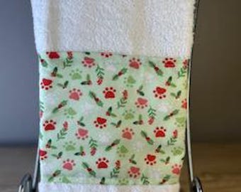 Hand Towel White. Christmas, dog, paw prints