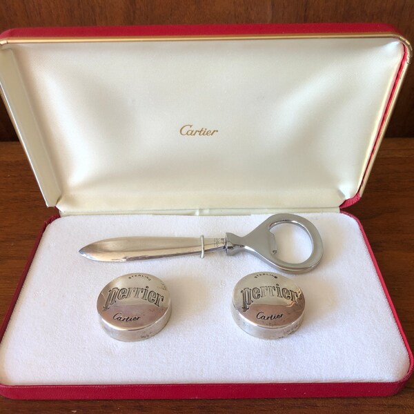 CARTIER Sterling Perrier Bottle Opener w/ 2 Caps in original box