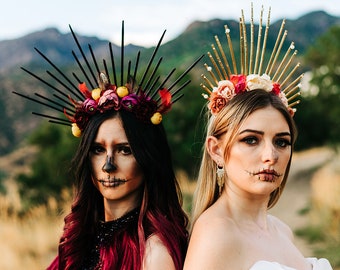 Spiked flower crown - Dias de los muertos headpiece - Halloween flower crown