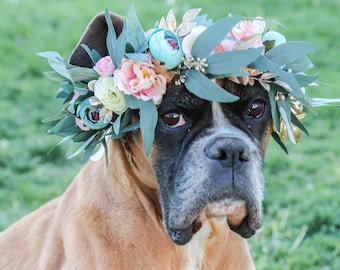 Collier de fleur de chien de sarcelle blush - couronne de fleur de chien de mariage - collier floral de fille de fleur d’animal familier