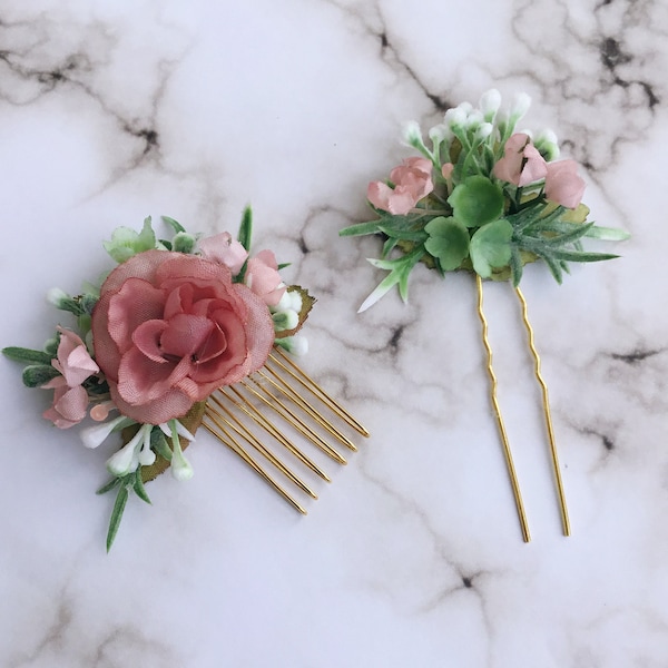 Peigne à cheveux à fleurs blush - Épingle à cheveux succulente - Peigne à cheveux de mariage rustique - mariée fantaisiste