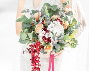 Burgundy champagne bridal bouquet - Rustic wedding bouquet - silk flower bouquet - Eucalyptus bouquet