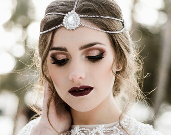 Silver bridal hair chain - crystal head chain - wedding hair accessory - romantic hair piece