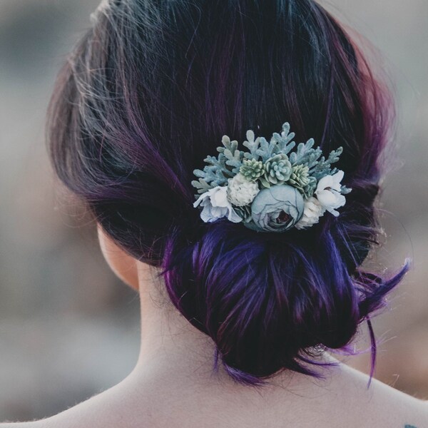 Succulent hair comb - blue peony hair pin - floral wedding hairpiece - greenery headdress