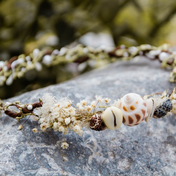 Shell flower crown - baby's breath hairpiece - pearl hair jewelry - destination wedding accessory