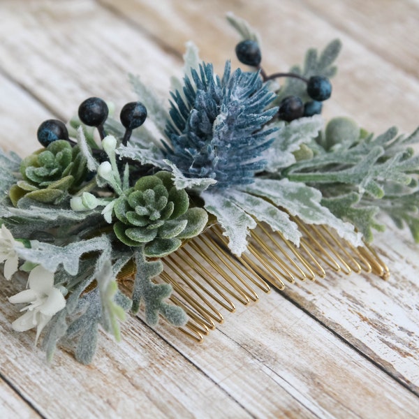 Blue succulent hair comb - Thistle hair pin - floral wedding hair comb - bohemian hair piece