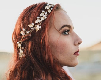 Gold wedding hair piece - Ivory pearl bridal head piece - golden leaf wire vine hair jewelry