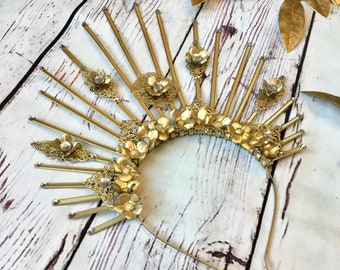 Gold sunburst crown - Sun goddess headpiece - Spiked crown - crystal halo crown