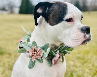 Blush dog flower collar - greenery dog collar - wedding dog flower crown - Pet flower girl floral collar