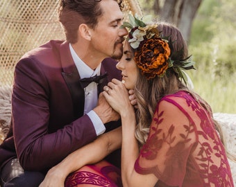 Large burnt orange flower crown - Mediterranean floral halo - wedding hair accessory - bohemian greenery flower wreath