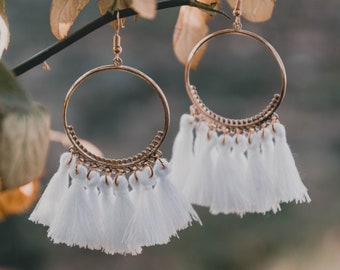 White tassel earrings - Gold hoop earrings - white fringe earrings - gold wedding earrings