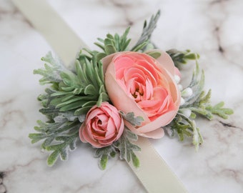 Blush succulent corsage - pink greenery wrist corsage - boho wedding accessory