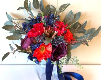 Navy red bouquet - boho wedding bouquet - silk flower bouquet - fall bridal bouquet