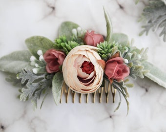 Blush succulent hair comb - Peony hair pin - floral wedding hair comb - babys breath hair piece