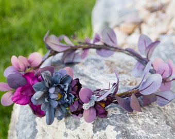 Purple dusky blue flower crown - Eucalyptus floral halo - wedding hair accessory - bohemian greenery flower wreath