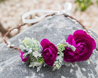 Fuchsia succulent flower crown - Succulent floral crown - wedding flower headband