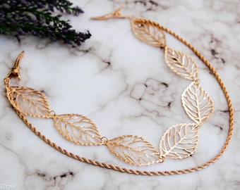 Gold leaf hair chain  - boho head chain - festival hair accessory - wedding hair piece