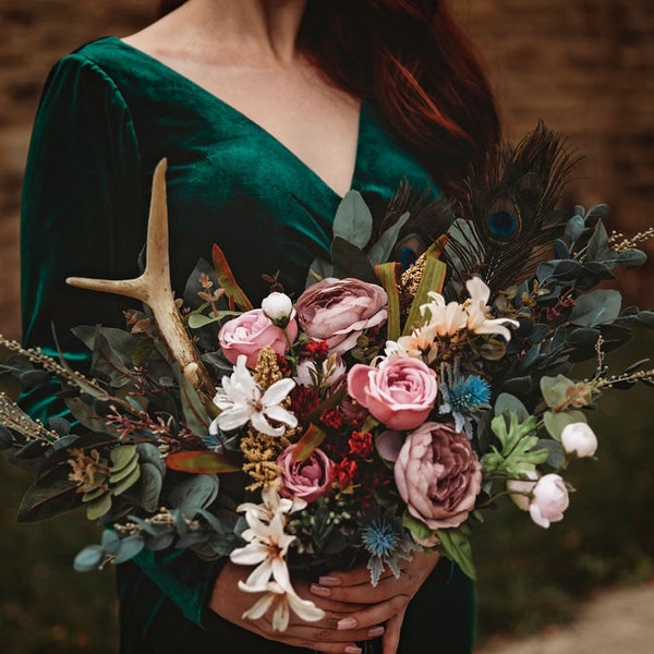 Ramo de plumas de asta - ramo de boda boho - ramo de flores de seda - ramo de novia de otoño