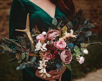 Antler feather bouquet - boho wedding bouquet - silk flower bouquet - fall bridal bouquet