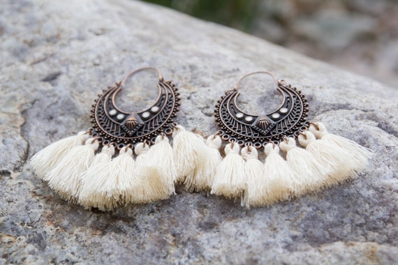 Ivory Aztec Tassel Earrings Boho Tribal Earrings Fringe Earrings