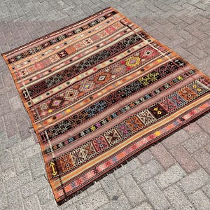 5x7 Bohemian Striped Vintage Turkish Kilim Rug - Area bedroom Kilim Rugs