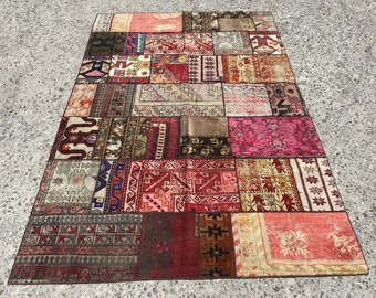 Patchwork Area rug, vintage Overdyed rug, vintage rugs, rug for hallway, wool rugs, rugs runner, 5'x 7'10" ft, rug for livingroom,