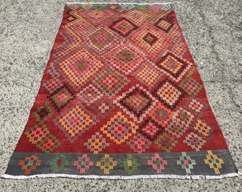 6x9 Red Turkish kilim rug, rug for livingroom, vintage kilim, Anatolia Turkish kilim runner Rug, Kelim teppich, Tapis, Kilim, 5'2"x 8'8" ft,