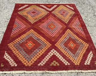 Red Wool Turkish Kilim Rug - Bohemian Area Rug 5'9"x7'9"