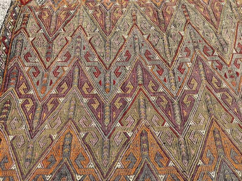 May include: A close-up of a woven fabric with a geometric pattern in shades of red, orange, brown, and gray.
