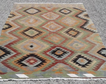 5x7 Vintage Turkish kilim rug, rugs for living room, large size kilim rug, Anatolian Handmade rug, rug, Kelim, 5'4"x7'3"ft, wool rug